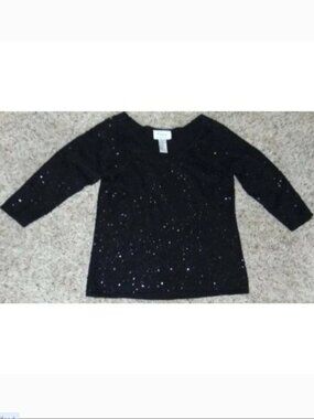 Linea by Louis Dell'Ollo Sweater Womens XS Black Sequined 3/4 Sleeve V-Neck